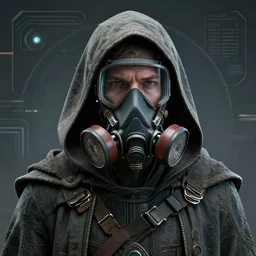 retrofuturistic portrait of a dystopian wasteland wanderer, hood and cloak, respirator, space graphics in background, close up, quint buchholz, wlop, dan mumford, artgerm, liam brazier, peter mohrbacher, raw, featured on artstation, octane render, cinematic, elegant, intricate, 8 k