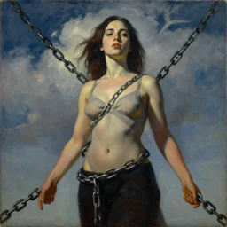 an oil painting of a beautiful woman in chains, in the sky, cinematic lighting, establishing shot, surrealist, pop art
