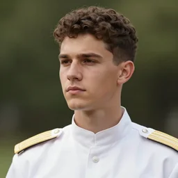 a young man with short curly brown hair and a thoughtful expression. he wears a white military uniform and a wooden crown. he is the emperor. beautiful painting with highly detailed face by artgerm and greg rutkowski and alphonse mucha