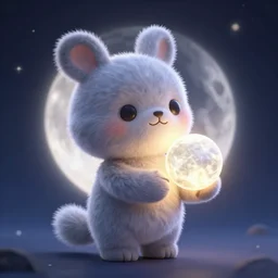 a cute stuffed animal holding the moon in it's hand, backlight, 3 d render, octane render, magical lighting, still from moon keeper by pixar and dreamworks