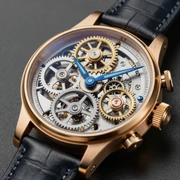 a steampunk Jaquet Droz Grande Seconde Skelet-One, highly detailed illustration highlights, gold and silver highlights, neon blue highlights, macro photography, F/2.8, trending on artstation, octane render