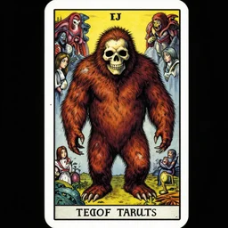 sasquatch tarot card, highly detailed, half skull face, cinematic, 8 k, by stanley artgermm, tom bagshaw, greg rutkowski, carne griffiths, ayami kojima, beksinski, giger, trending on deviantart, hyper detailed, horror, full of colour