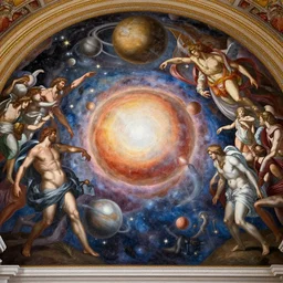 Michal Angelo painting of the universe dying, with god putting away planets and stars. 8k resolution, mural.