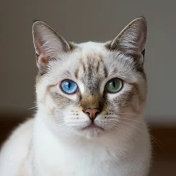 portrait of a beautiful european cat with a blue eye and a green eye, abstract, minimalist, hyper detailed, ambient lighting, dlsr