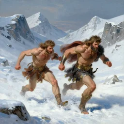 zeus and ares have a footrace through the mountain pass, icy and snowy surroundings matte painting gaston bussiere, craig mullins, j. c. leyendecker