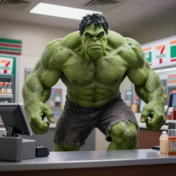 the incredible hulk working the night shift as a 7/11 cashier, macro, wide shot, dramatic lighting, octane render, hyperrealistic, HD