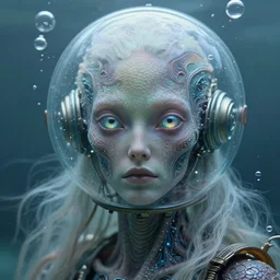 biopunk alien portrait by julie bell, fish skin, intricate biopunk patterns, ethereal hair, iridescent eyes, glass bubble helmet, escaping air bubbles, underwater, detailed!, very sharp!!!