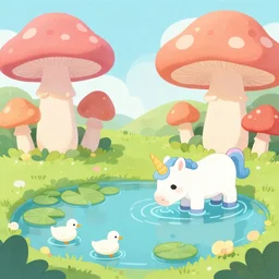 fantasy land with a pond that has lily pads and ducks as well as giant pretty and cute mushrooms in cute pastel colors with a unicorn drinking the water from the pond