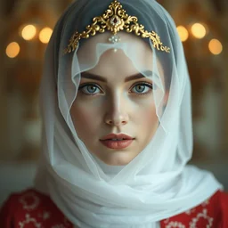 hight focus of a wonderful realistic focused sweet wonderful symmetrical centered mid portrait of a lonely woman with a detailed wonderful, ornate with semi transparent white semi transparent veils, dramatic light, octane render - 8 k