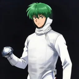 fencer, green hair, male, style of akira toriyama, anime, japanese,