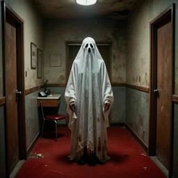 Creepy ghost in dirty motel room, red carpet | 70's scratched photo | Aesthetics of Silent Hill game