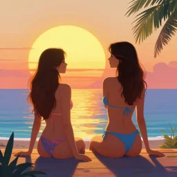 bikini model watching retrowave vintage sunset, big round sun, golden hour, synthwave, neon, digital painting, artstation
