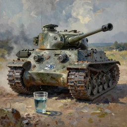 panzer iv near a cup of water, oil painting