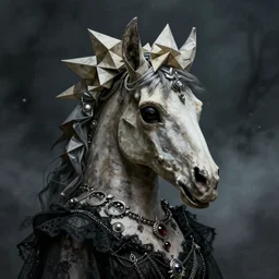 a color photo of a mysterious grotesque very creepy morbid goddess horse skull queen with a weird origami crown, part human part animal, hints of silver jewelry and black lace, gothic, eerie, very creepy, intricate detail, dramatic lighting, mist, grey, expressive, by jeremy mann