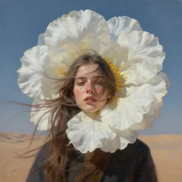 closeup, giant flower head, girl in the desert, surreal photography, wind and cold, dramatic sky, impressionist painting, digital painting, artstation, simon stalenhag