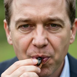 klaus schwab eating bugs, detailed face