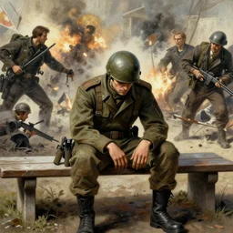 an android soldier sits on a bench as an intense battle rages behind him, he is sad, hunched shoulders, detailed concept art by caravaggio and greg rutkowski and alphonse mucha and norman rockwell