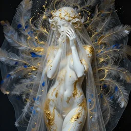 a wide portrait of a beautiful being, porcellaine skin with golden tears, hiding face and torso behind beautiful intricate semitransparent cloth that merges into feathers, dramatic lighting, intricate translucent feathers, splashy intricate thick paint texture on the face and body, gold and blue palette