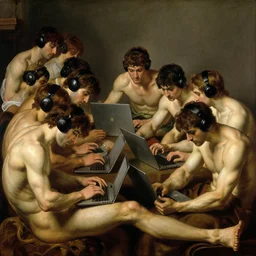 large group of pre-Raphaelite muscular athletic male wearing headset siting and working on macbook Bouguereau and raphael