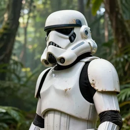 a closeup side view of a star wars imperial dirty filthy muddy stormtrooper on patrol through a tall tropical jungle, sun, moon, smoke, planet, fire, volumetric lighting, action pose, thomas kinkade, ralph mcquarrie, greg rutkowski, detailed illustration, digital art, octane, 8 k