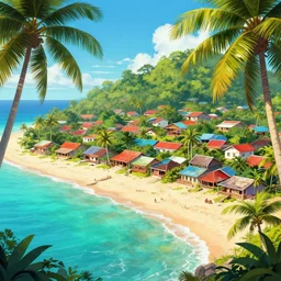 a village on a tropical island, very colorful, beach, palms, trending on artstation