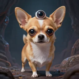 a transcendent chihuahua with three eyes living in an extradimensional reality, in the style of wlop, illustration, epic, fantasy, hyper detailed, smooth, unreal engine, sharp focus, ray tracing, physically based rendering, renderman, beautiful
