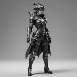 angry angela sarafyan as steam punk bandit leader, intricate detail, dramatic lighting hyper detail, black and white, full body profile