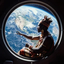 a analogue photo of a African tribal dj in a spaceship, planet earth seen in porthole window, wide angle, photography by Martha Cooper