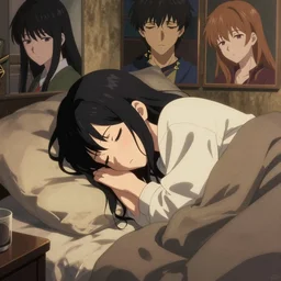 girl sleep snuggled up in a cozy room - poster by wlop, kiyohara tama, krenz cushart, masamune shirow, makoto shinkai. featured on pixiv, anime aesthetic, pixiv, anime, warm aesthetic, cold tones, artstation, vanitas, official art, gothic, noise film photo. detailed face