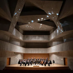 interior space of a concert hall venue with a symphony orchesta playing on the stage, concrete material, parametric design, single point perspective, light caustics, architecture phenomenology, realistic, low saturated, moody, 8 k
