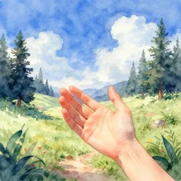 Welcome to wonderland, I'll be your guide, Holding your hand under sapphire skies. Let's go exploring, or maybe just go for a walk? watercolor style, detailed, lighting, landscape