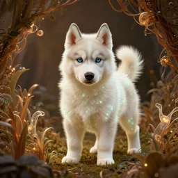 white alaskan husky puppy creature creature in a lush vegetation, warm tones, bioluminescent bioluminescent translucent translucent : : bymichal karcz, daniel merriam, victo ngai and guillermo del toro : : ornate, dynamic, particulate, intricate, elegant, highly detailed, centered, artstation, smooth, sharp focus, octane render, 3 d