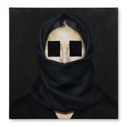 hyperrealism oil painting, portrait fashion model, black square censure on eyes, face is wrapped in a black scarf, s, dark background, in style of classicism mixed with 8 0 s japanese sci - fi books art