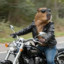 a capybara wearing a leather jacket and sunglasses on a motorcycle