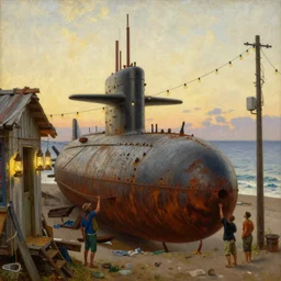 looking up, painting by dean cornwell, ilya repin, nc wyeth painting, ultra wide, vanishing point, 3 d perspective, beached submarine, award winning, up close, climbing, beaching, rust, golden hour, junk town, lanterns, makeshift house, catanary wire, festoon lights, telephone pole
