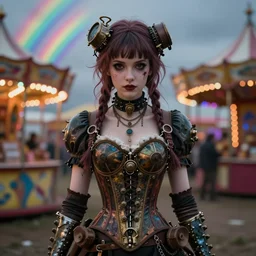 photorealistic soft paint of a curiosities carnival, single young beautiful dollpunk in a full steampunk corset, symmetry accurate features, ominous, focus, rainbow lighting, very intricate details, award winning masterpiece, behance, by tom bagshaw