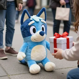 blue'snappy gifts'plush doll, human - sized, on sidewalk, giving gifts to people, happy atmosphere, high detail, soft lighting, 8 k