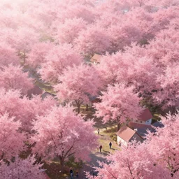 a pink leaf forest filled with houses and people, artstation, day, sun, wind
