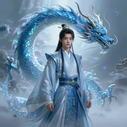 a hybrid exquisite complex and beautiful the azure dragon in the east in the fog of magic light, beautiful oriental teen prince, digital painting, artstation, concept art, smooth, sharp focus, illustration, oriental, art by artgerm and greg rutkowski and alphonse mucha, 8 k