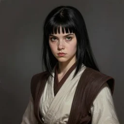 portrait of a woman by greg rutkowski, young jedi knight, black hair with bangs, goth girl vibes, star wars expanded universe, she is about 2 0 years old, wearing jedi robes highly detailed portrait, digital painting, artstation, concept art, smooth, sharp foccus ilustration, artstation hq