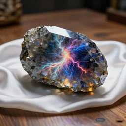 Large translucent obsidian shard containing colorful energetic storms sits on a satin cloth on the wooden table, lit by godlight, photorealistic, cinematic, depth of field, award winning, high resolution, intricate details.