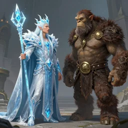 keith david as an ice mage having a friendly conversation with an ogre, fantasy art, very detailed, high quality,