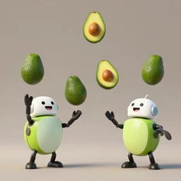 happy robots juggling avocados