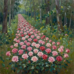 a roses flowers in shape of long forest, oil on canvas by rob gonsalves