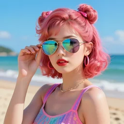 synthwave, retrowave, cute 1 9 6 0 s girl wearing aviator reflective sunglasses at the beach, perfection, artstation