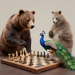 beautiful matte painting of a bear and a peacock playing chess, by mc escher, hyper realistic, volumetric lighting, octane render, artstation, 8 k