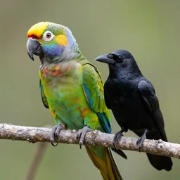 an macon parrot mixed with a raven bird