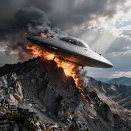 ufo flying saucer crashed into the side of a moutain and burning