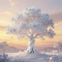 an enchanted white shimmering iridescent tree in the middle of a stunning fantasy landscape during sunset, golden hour, soft illumination, by daniel conway, daniel jean - baptiste and andreas rocha, highly detailed, fantasy, concept art, trending on artstation, beautiful digital art