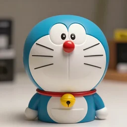 a photography frontal bust BIG HEAD , BIG FACE portrait of  Doraemon  as a ceramic toy, rim light studio, 80mm photo studio,  Nikkor color photography film, very detailed photography Hasselblad, , hyperrealism, octane rendering, 8k, depth of field, bokeh.